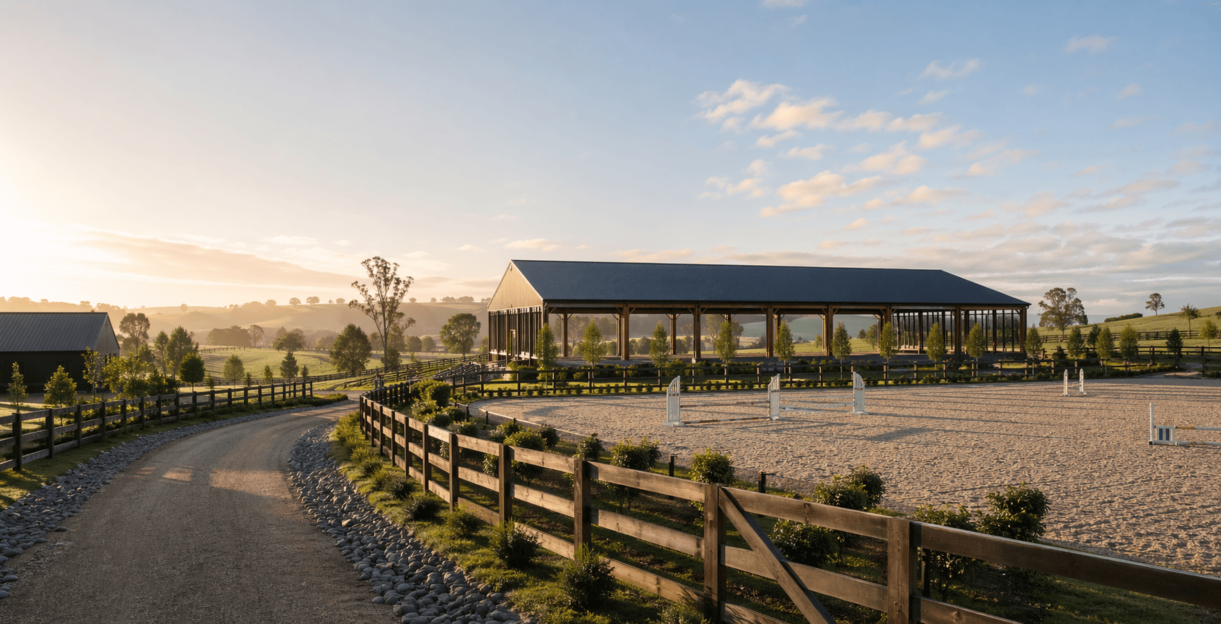 Golden-hour equestrian facility with an arena, fenced access, and covered structure