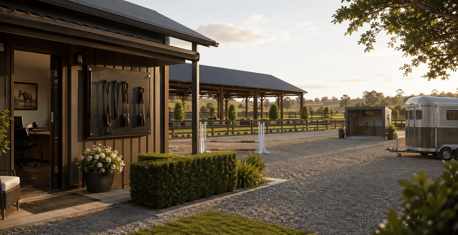 Equestrian host yard showing fenced access and operational space